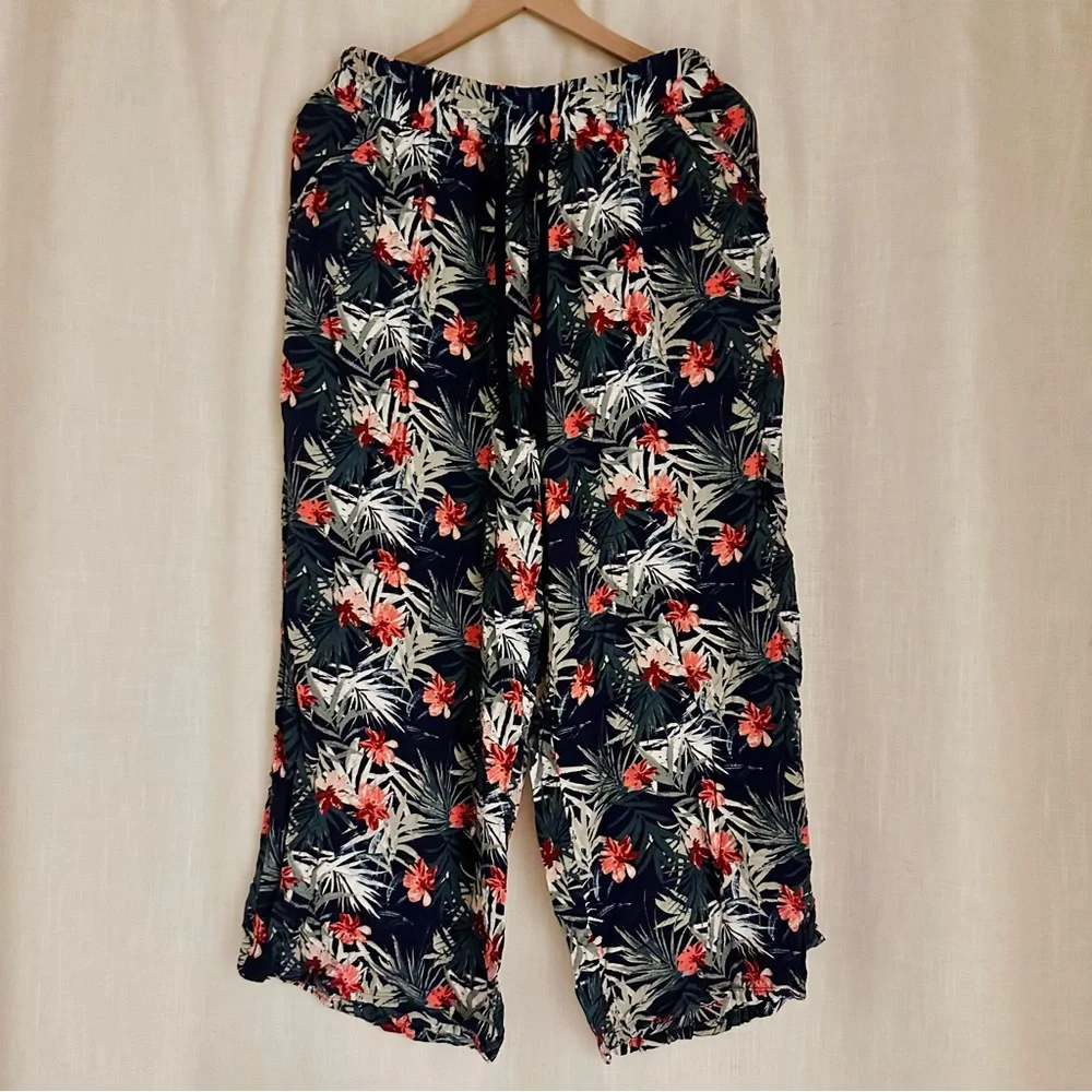 Cacique Navy Tropical Floral Pajama Pants with Coral Flowers